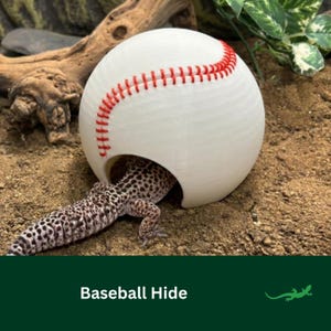 May include: A white baseball-shaped reptile hide with red stitching. A leopard gecko is partially inside the hide. The text "Baseball Hide" is displayed at the bottom of the image.
