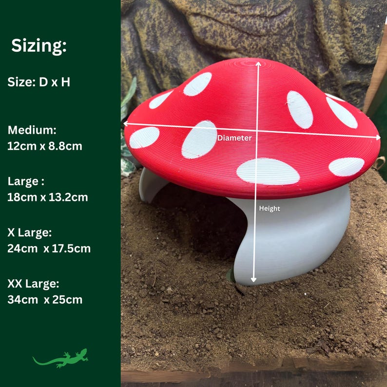 Puede incluir: Una escondite para reptiles con forma de hongo rojo y blanco con una base blanca. La escondite est&aacute; disponible en cinco tama&ntilde;os: Mediana (12 cm x 8,8 cm), Grande (18 cm x 13,2 cm), X Grande (24 cm x 17,5 cm), XX Grande (34 cm x 25 cm).