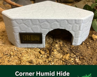 HUMID Reptile CORNER Hide, Hydro & Thermometer, Leopard Gecko, Bearded Dragon Hiding Spot, Vivarium enclosure Accessory , Reptile Lover Gift