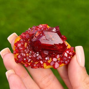 Puede incluir: Un espécimen mineral cristalino de color rojo vibrante que presenta un cristal central grande de aspecto facetado, rodeado por un grupo de cristales angulares más pequeños de color rojo intenso sobre una base texturizada amarillo-naranja.