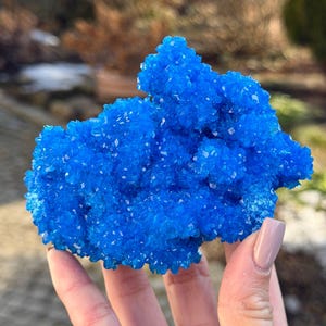 May include: A vibrant, electric blue mineral specimen featuring a dense cluster of small, jagged, crystalline structures. The formation has a rough, irregular surface with numerous sharp points that catch the light, creating a brilliant, saturated color.