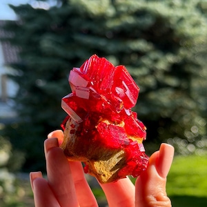 Peut inclure: Un spécimen minéral cristallin rouge vif présentant des formations cristallines pointues, translucides et à multiples facettes fixées sur une base de matrice terreuse brun clair texturée, avec une grande clarté et une couleur cramoisie.