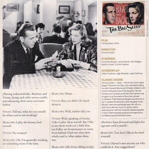 May include: A black and white still from the 1946 film "The Big Sleep," featuring Humphrey Bogart and Lauren Bacall. The image includes text from the film, dialogue, and a brief synopsis of a classic scene.