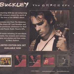 May include: A promotional advertisement for the Jeff Buckley The Grace EPs 5CD box set. The poster features a sepia-toned portrait of Jeff Buckley holding a microphone, text detailing the tracklist, and five small album cover thumbnails.