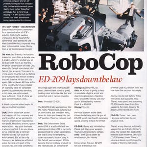 Könnte beinhalten: Ein Standbild aus dem Film RoboCop mit dem Roboter ED-209 in einem Sitzungssaal. Die Szene zeigt Schauspieler, einen Konferenztisch und Text aus dem Film. Der Roboter hat ein bedrohliches Design mit Kanonen.
