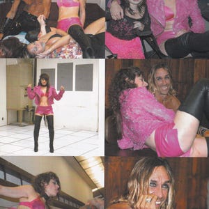 May include: A collage of images featuring people wearing pink clothing and accessories. The images show a variety of poses and expressions, including a woman in a pink bra and skirt, a woman in a pink jacket and skirt, and a man in a pink shirt. The images are set against a variety of backgrounds, including a white wall, a wooden floor, and a brick wall.