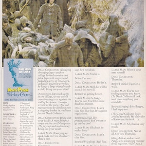 以下が含まれることがあります： 映画「モンティ・パイソン・アンド・ホーリー・グレイル」のシーンで、「Bring Out Your Dead！」というテキストが表示されています。中世の衣装を着た人々がいて、死体を運んでいる人もいます。映画のポスターが左下にあります。