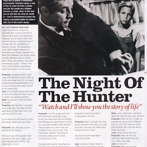 May include: A monochrome still from the film "The Night of the Hunter" showing a man and a boy. The title "The Night Of The Hunter" and the phrase "Watch and I'll show you the story of life" are displayed.