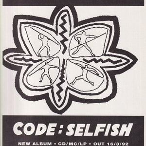 May include: A black and white poster advertising "The Fall" and their album "Code: Selfish." The design includes the band's name, a graphic, and album information. Features the single "Free Range" and the release date of 16/3/92.