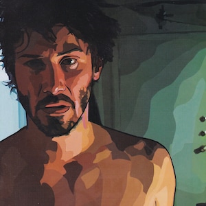 May include: A stylized digital portrait of a person with dark, messy hair and a beard. The artwork uses bold, flat color blocks in shades of brown, peach, and deep green to define facial features, shadows, and the upper torso against a background.