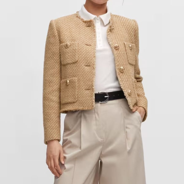 Women Tweed Blazer Long Sleeve Casual Work Blazer Jacket Collared Tweed Jacket Occasion Jacker Blazer Beige Tweed Blazer Beige Tweed Jacket