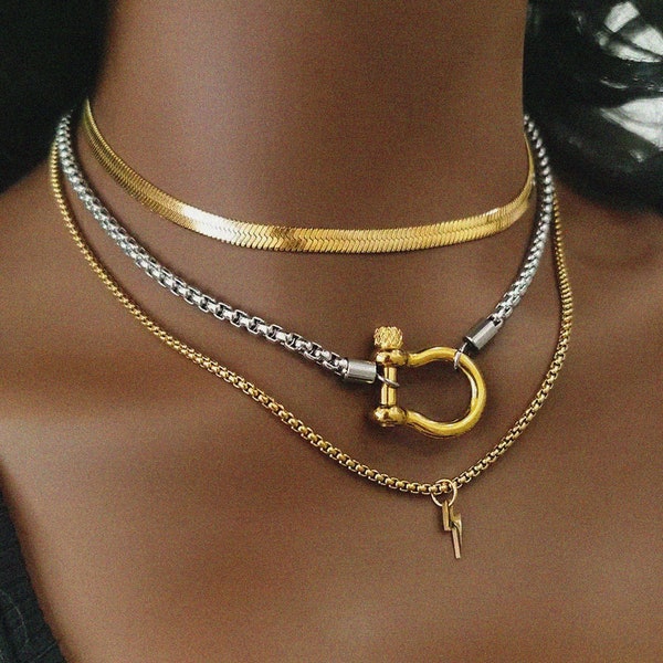 18K Gold Plated Chain Necklace Choker Jewelry Women Men Hypoallergenic Chunky Horseshoe Necklace Water Resistant Handmade