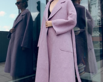 Lilac Wool Cashmere Blend Coat, Fall Belted Overcoat, Soft Warm