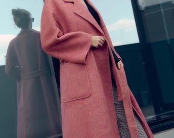 Red Wool Cashmere Coat, Long Belted Wrap Coat for Women, Oversized Winter Coat, Minimalist Statement Outerwear