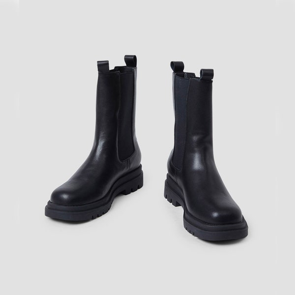 Real Leather Boots Women Fashion Black Chelsea Platform Boots Cow Leather Chelsea High Boots Leather Chelsea Boots Black Leather Boots