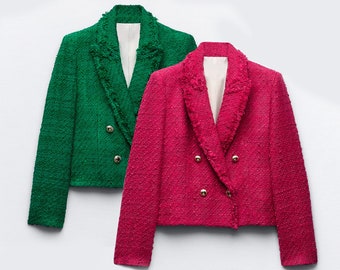 Women Tweed Blazer Long Sleeve Casual Work Blazer Jacket Collared Tweed Jacket Occasion Jacker Blazer