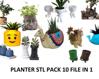 May include: A set of 10 unique planter designs, including a llama, a whale, a castle, a tree stump, and a Lego-inspired face. The planters are made of various materials, including ceramic, plastic, and resin.  The planters are all different colors and sizes.  PLANTER STL PACK 10 FILE IN 1