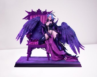 May include: A detailed figurine of a woman with blue hair, black attire, and large purple feathered wings, seated on a purple throne. The figure is posed on a purple base, with a white background.
