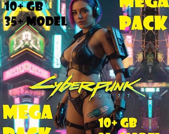 May include: A cyberpunk-themed image with a woman in a black leather outfit and a purple mohawk. The image features the text "Cyberpunk 2077" and "Mega Pack 10+ GB 35+ Model".