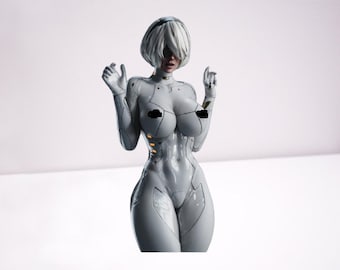 May include: A white, humanoid figure with a white, short bob hairstyle and a white, skin-tight suit. The figure has a blank expression and is posed with hands raised.
