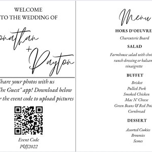 Wedding Menu & Welcome Photo Sharing Print Out