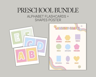 May include: Preschool learning bundle with alphabet flashcards and a shapes poster. The flashcards feature letters A, B, C, D, E, and F in pastel colors. The shapes poster displays various shapes with their names.