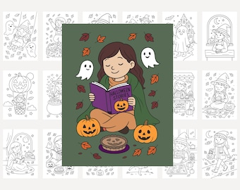 May include: A set of Halloween-themed colouring pages. The central image shows a person reading a book titled "Halloween Stories" with a pumpkin on the cover. Pumpkins, ghosts, and autumn leaves surround the person, with other Halloween scenes in the background.