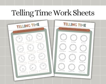 May include: Two worksheets for learning to tell time. Each worksheet has a light green border and features clock faces with hands and spaces to write the time. The text "Telling Time" is at the top of each worksheet.