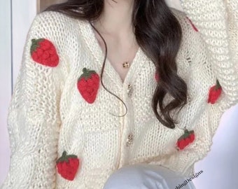 Strawberry Cardigan, Cute Strawberry Knit Cardigan, Handmade Crochet Strawberry Cardigan, Knited Sweater, Oversized Crochet Cardigan