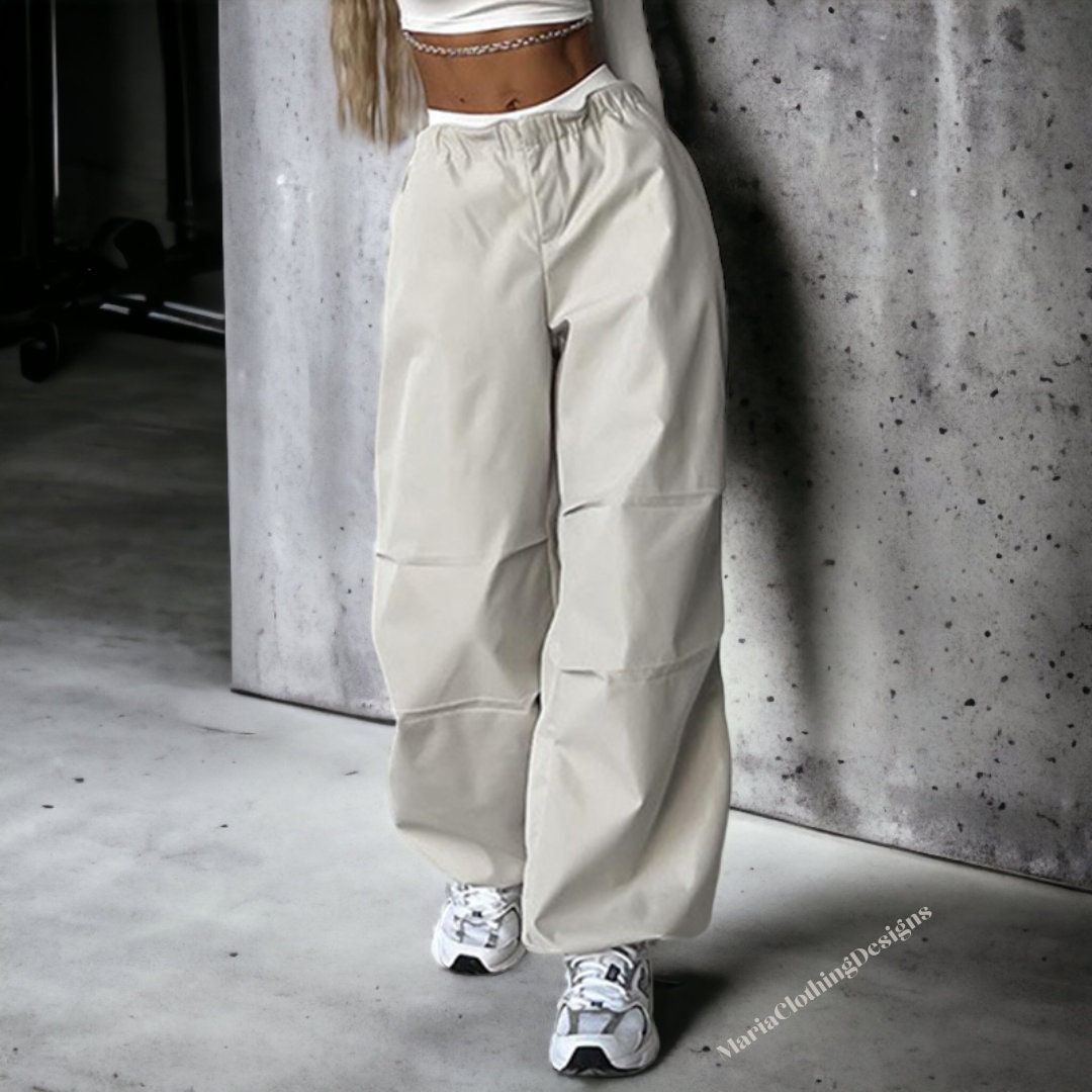 Aedceal Women's Parachute Pants Baggy Track Y2K Black Elastic Waist Wide Leg Trousers(ArmyGreen-XS