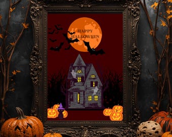 Spooky Ghost Pumpkin Halloween Wall Art: Haunted House Decor (Digital Download)