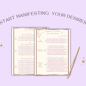 May include: Two beige-colored journals with the text "369 Method" and "Start Manifesting Your Desires" in a handwritten font. A gold pen rests on the right side. The journals have a light purple background with gold star accents.