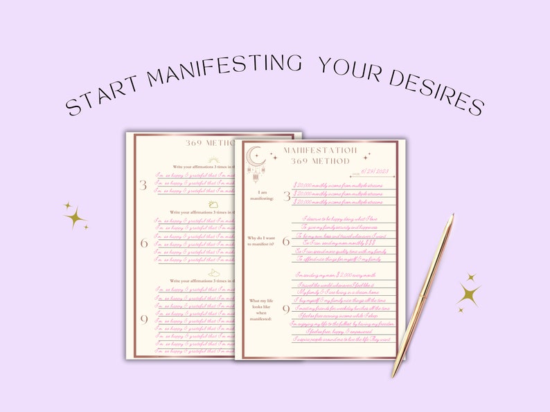 May include: Two beige-colored journals with the text "369 Method" and "Start Manifesting Your Desires" in a handwritten font. A gold pen rests on the right side. The journals have a light purple background with gold star accents.