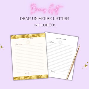 May include: Two lined letter sheets with gold foil borders and a gold pen rest on a light purple background. The text "Bonus Gift" is in pink neon script, and "DEAR UNIVERSE LETTER INCLUDED!" is in black text.