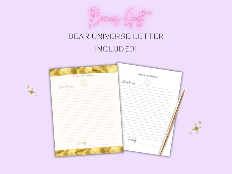 May include: Two lined letter sheets with gold foil borders and a gold pen rest on a light purple background. The text "Bonus Gift" is in pink neon script, and "DEAR UNIVERSE LETTER INCLUDED!" is in black text.
