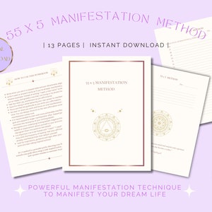 May include: A digital download of a 13-page workbook titled "55 x 5 Manifestation Method". The workbook is designed to help you manifest your dream life. The cover features a gold mandala with a third eye symbol in the center.