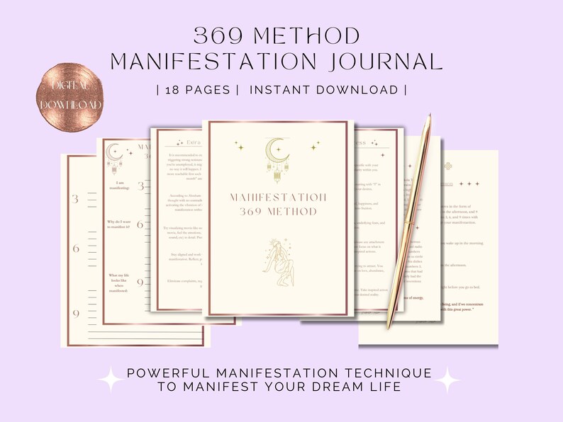 May include: A digital download of a manifestation journal with the title "369 Method Manifestation Journal." The journal has 18 pages and includes a gold pen. The cover features a celestial design and the text "Powerful Manifestation Technique to Manifest Your Dream Life."