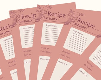 Printable Recipe Cards Digital Download 4in x 6in Peach & Pink 150