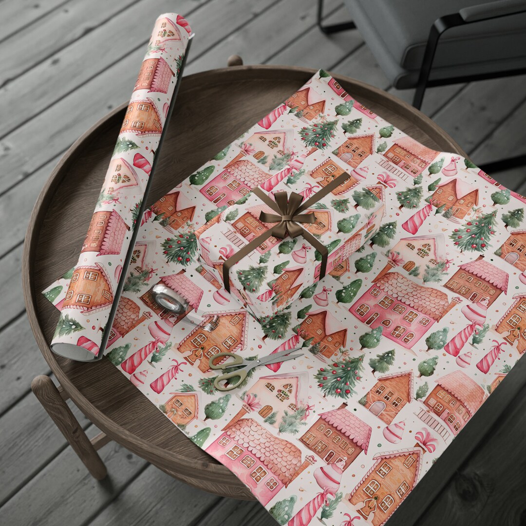 Pink Christmas Wrapping Paper, Christmas Village Wrapping Paper, Christmas House Gift Wrap