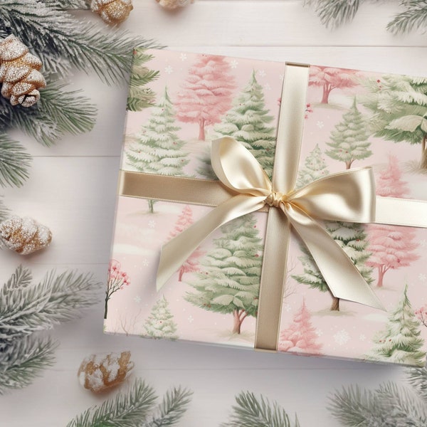 Pink Christmas Tree Wrapping Paper, Holiday Gift Wrap, Christmas Gift Wrapping Paper On Roll, Pastel Christmas Gift Wrap, Winter Gift Wrap