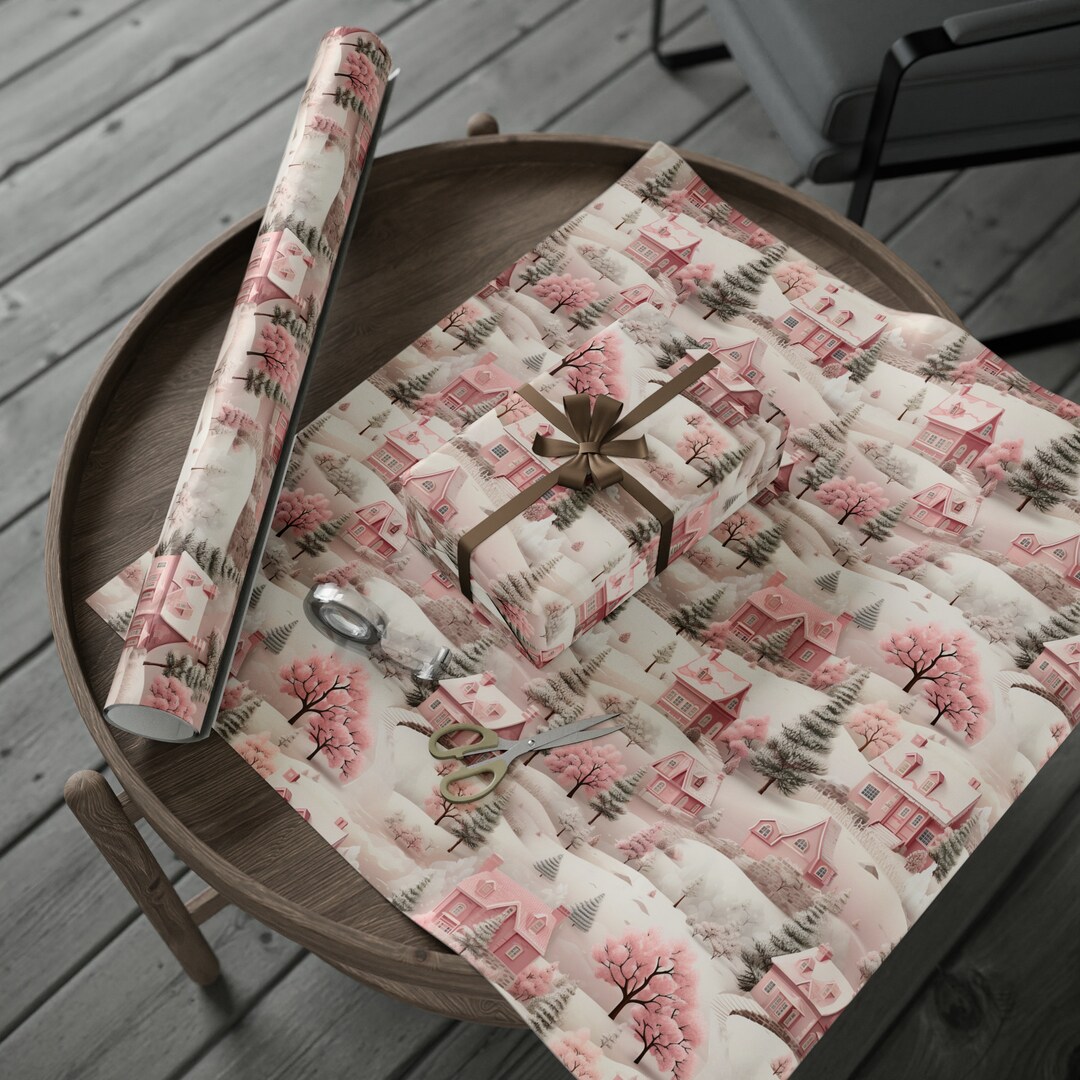 Pink Christmas Wrapping Paper, Christmas Village Wrapping Paper