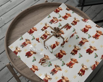 Highland Cow Wrapping Paper Christmas Present Illustrated Xmas