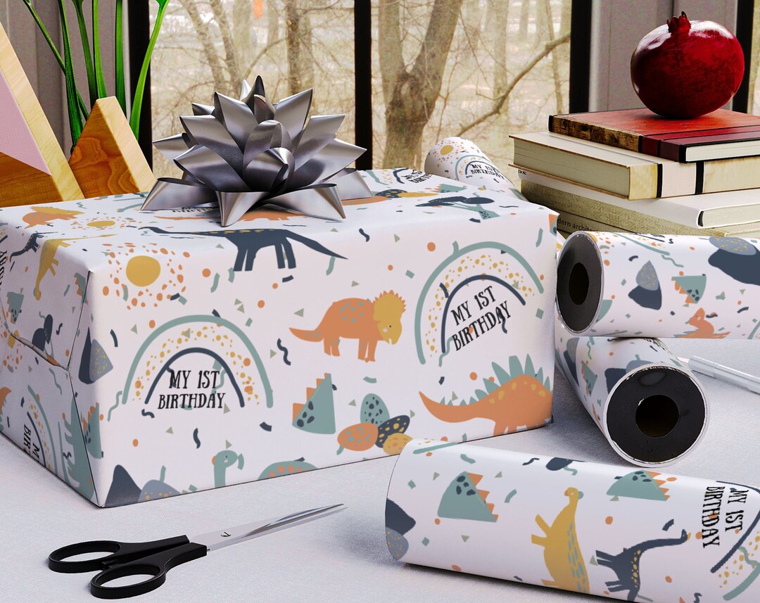 1st Birthday Dinosaur Wrapping Paper, Dinosaur Gift Wrap, Wrapping