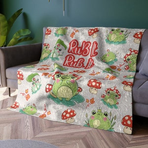 Kawaii Frog Mushroom Blanket Gift DDLG For Her Aesthetic Blanket ABDL Cute Blanket Little Space Fuzzy Blanket Gift For Submissive