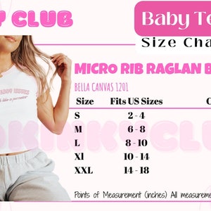 Puede incluir: Tabla de tallas para una camiseta de beb&eacute; de punto de canal&eacute; raglan, Bella Canvas 1201. La tabla muestra las tallas S a XXL, las tallas US correspondientes y las medidas del pecho en pulgadas.