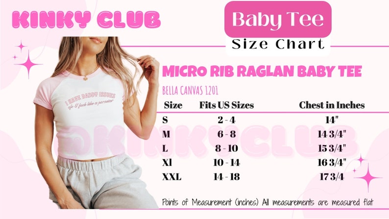 Puede incluir: Tabla de tallas para una camiseta de beb&eacute; de punto de canal&eacute; raglan, Bella Canvas 1201. La tabla muestra las tallas S a XXL, las tallas US correspondientes y las medidas del pecho en pulgadas.