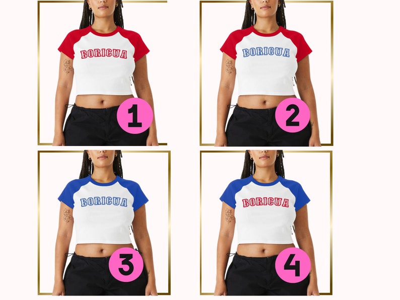 Puede incluir: Cuatro crop tops blancos con mangas de color rojo y azul. Las tops tienen la palabra "BORICUA" impresa en letras rojas y azules en la parte delantera. Cada top est&aacute; numerado del 1 al 4.