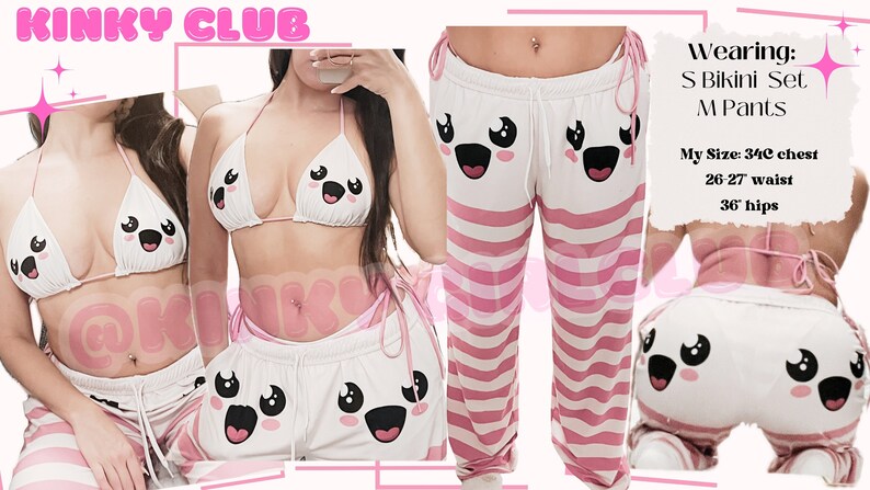 K&ouml;nnte beinhalten: Wei&szlig;-rosa gestreifte Schlafanzughose mit einem Cartoon-Gesichtsdesign. Die Hose hat einen elastischen Bund und einen Kordelzug. Der Text "Wearing: S Bikini Set M Pants" und "My Size: 34C chest 26-27 waist 36 hips" ist im Bild sichtbar.