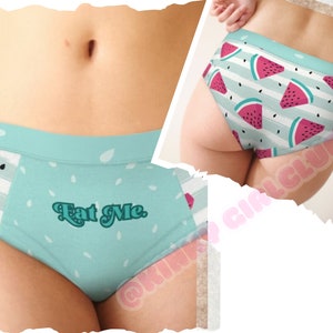 Kinky Kawaii &quot;Eat Me&quot;  Watermelon Cheeky Briefs | DDLG Little Space Undies | Naughty Matching His and Hers Underwear | Kawaii Panties Gift