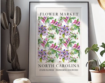 Flower Market North Carolina, Gallery Wall print, 50 States art exhibition Print, Wall Art, digital prints, Vintage Flower Market Poster